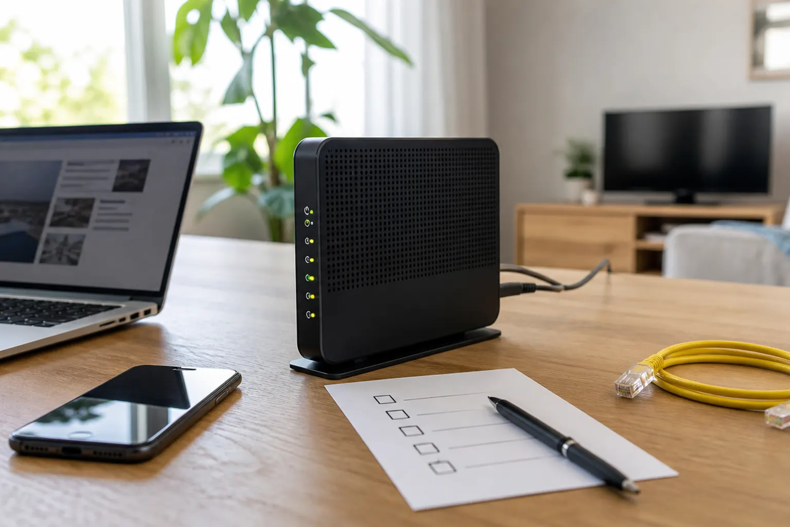Laptop en telefoon naast een sleutel en een leeg herstelplan op een lichte tafel