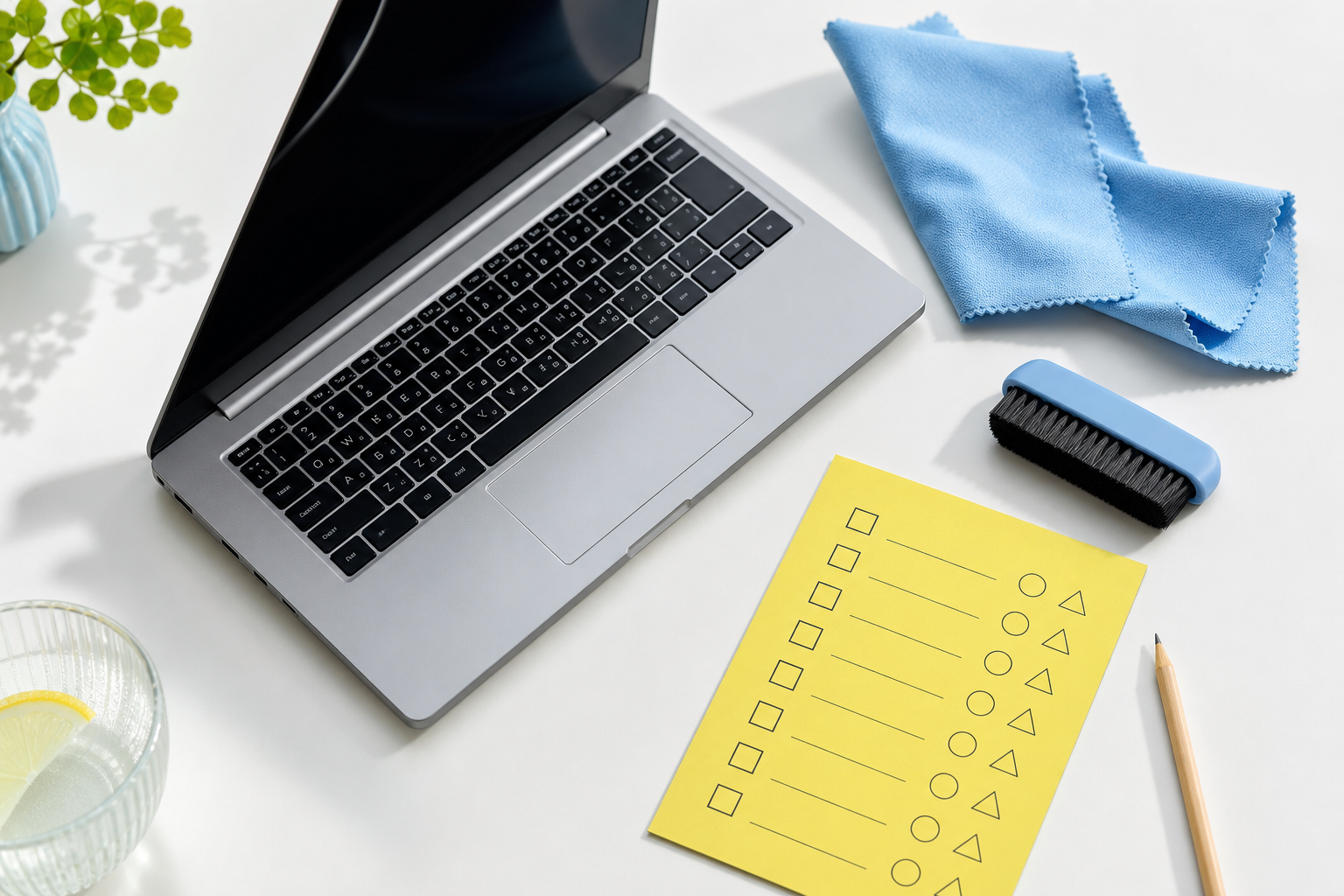 Open laptop met zachte borstel, blauwe doek en gele onderhoudslijst op een lichte tafel