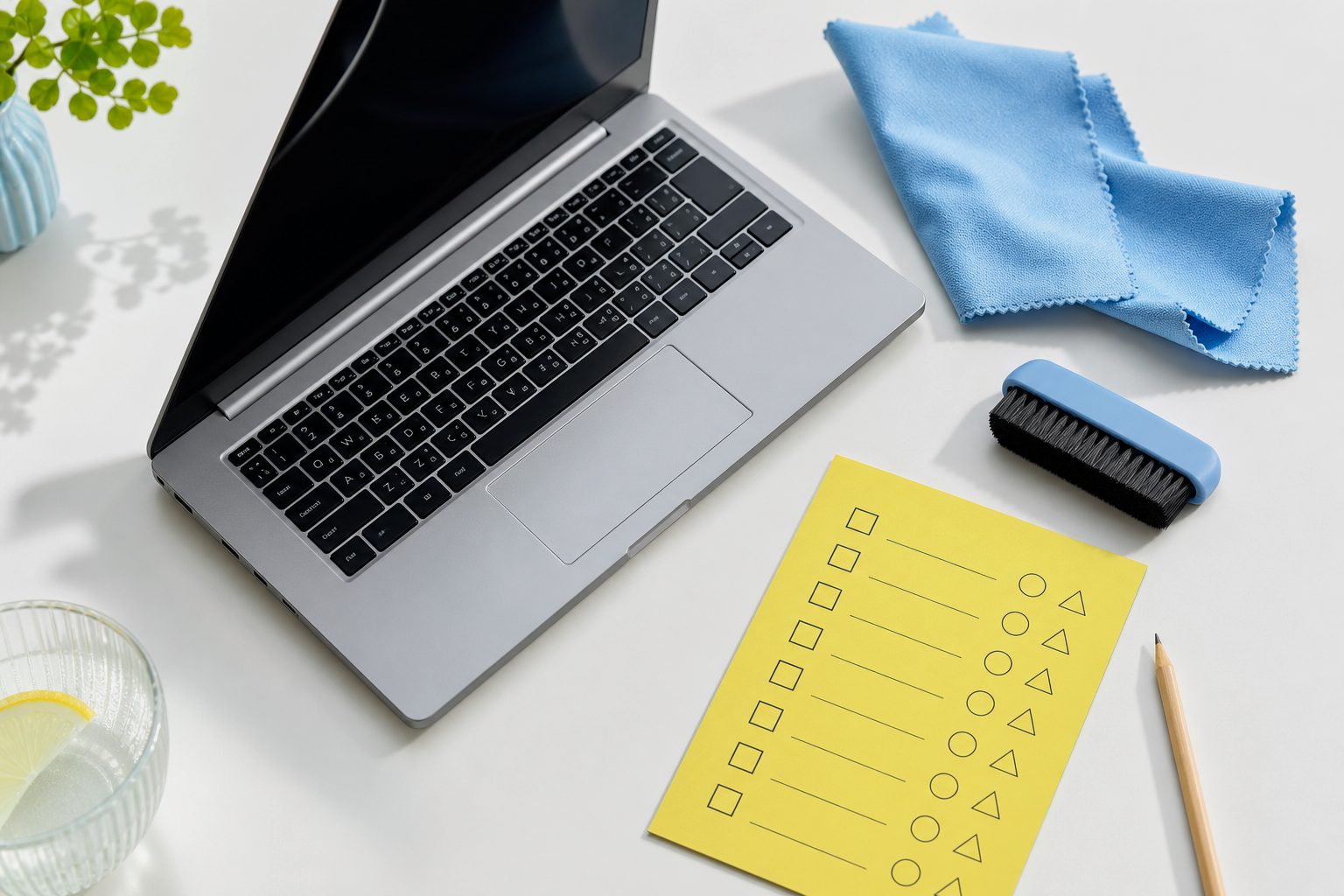 Een gesloten notitieboek, beveiligingssleutel en telefoon op twee duidelijk gescheiden plekken.