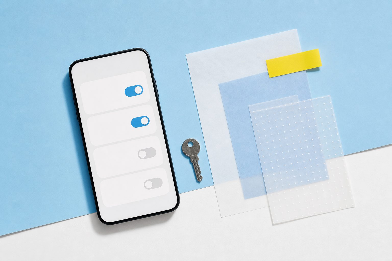 Een notitie-app op een laptop naast losse exportbestanden, labels en een kleine proefmap.