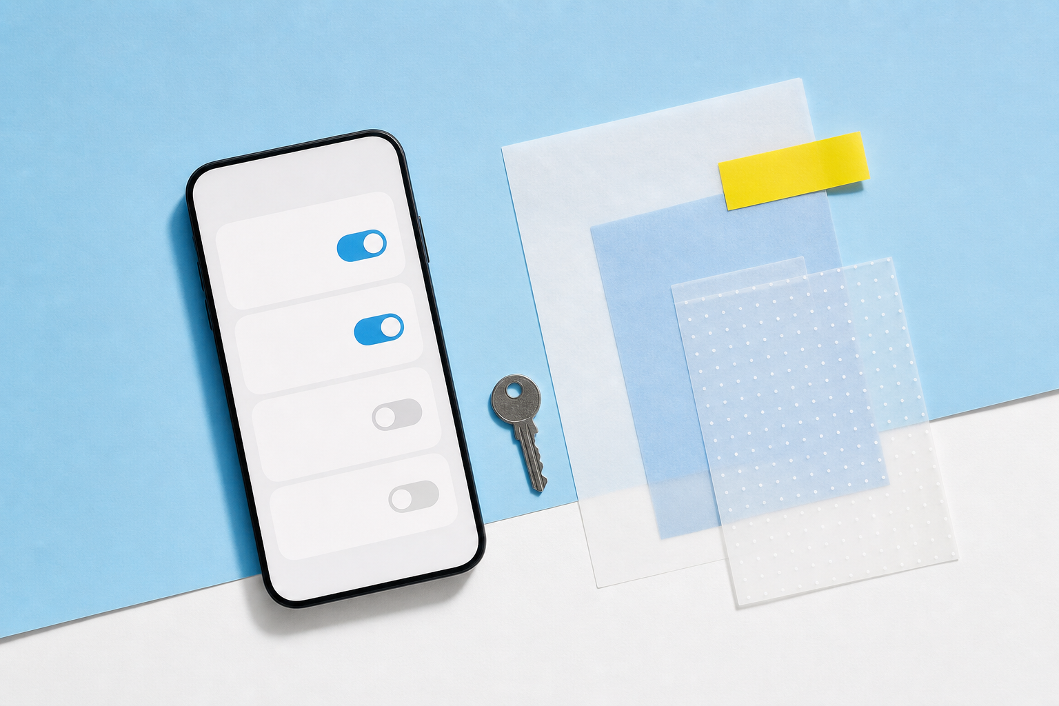 Telefoon met eenvoudige privacyschakelaars naast een sleutel en lagen doorschijnend papier